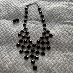 White House Black Market Black Faceted Bib Necklace with Matching Earrings